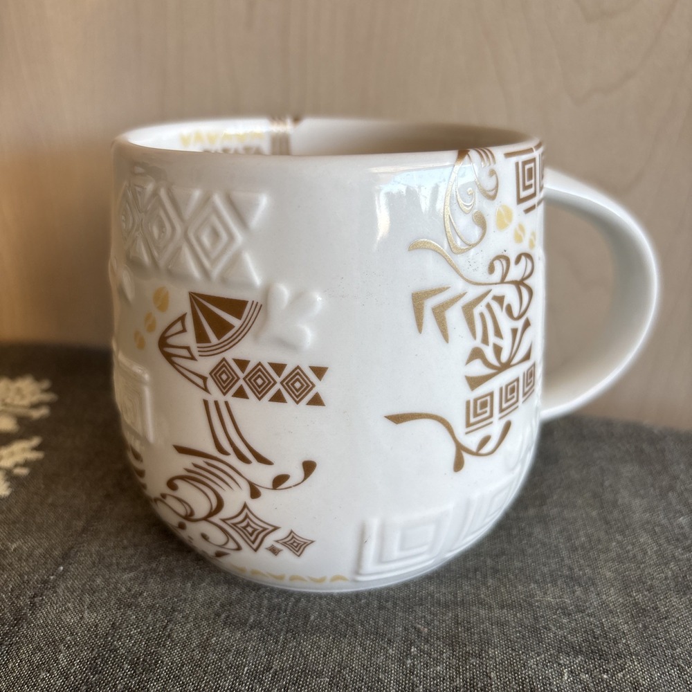 Starbucks Coffee MUG New Bone China‎ Asian Embossed Gold & Cream 2012